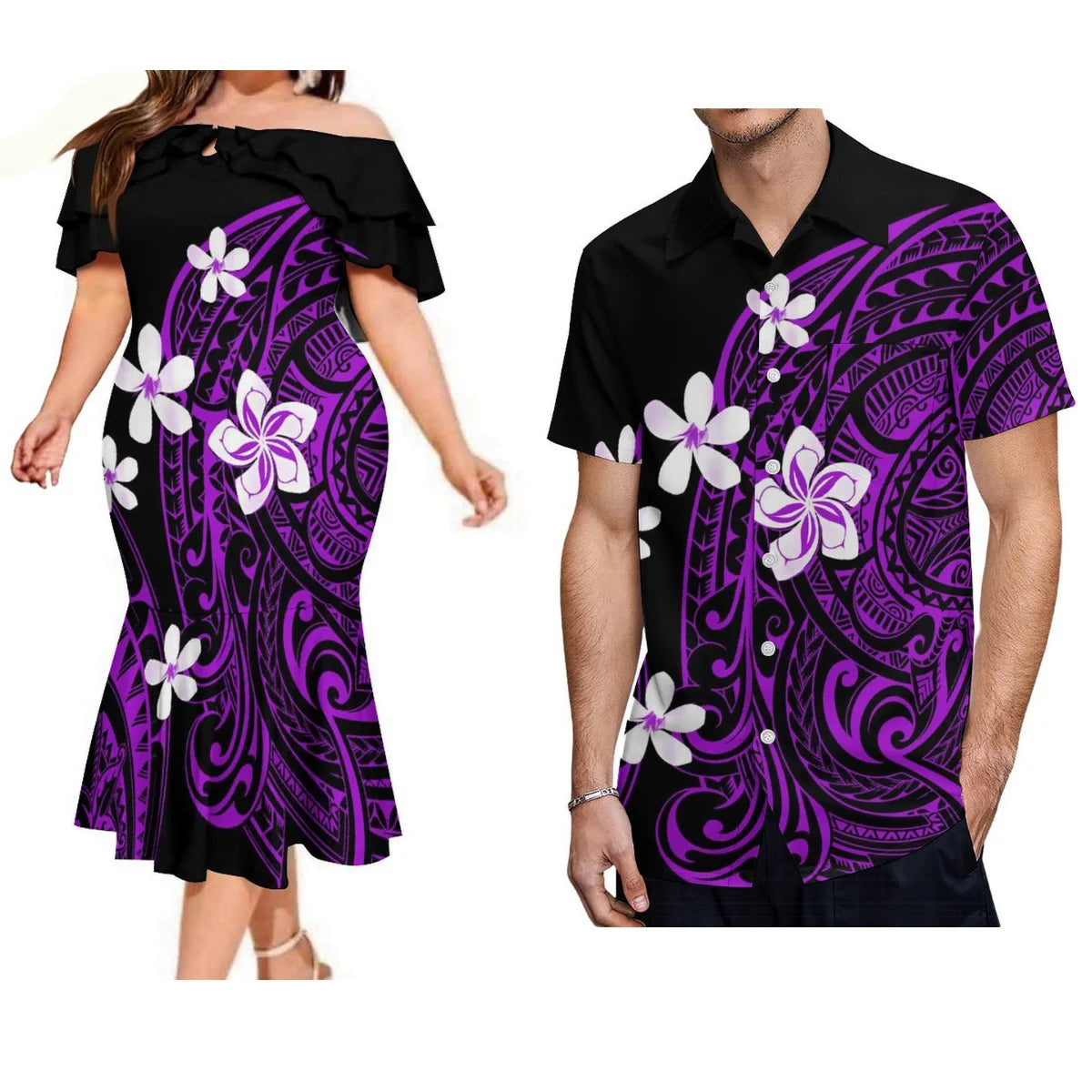 Polynesian Pair Outfit Island Polynesian Plumeria Flowers Off Shoulder Mermaid Dress And Shirt Outfit Set