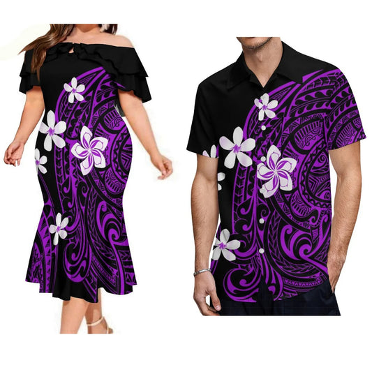 Polynesian Pair Outfit Island Polynesian Plumeria Flowers Off Shoulder Mermaid Dress And Shirt Outfit Set