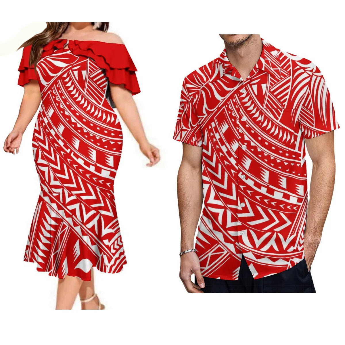Polynesian Pair Outfit Island Polynesian Tribal Pattern Red Off Shoulder Mermaid Dress And Shirt Outfit Set