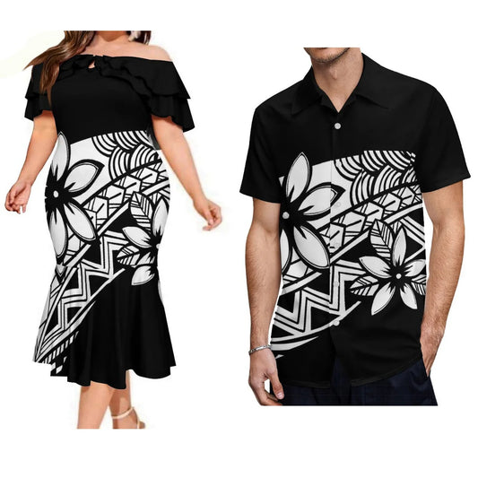 Polynesian Pair Outfit Island Polynesian Flowers Black Off Shoulder Mermaid Dress And Shirt Outfit Set