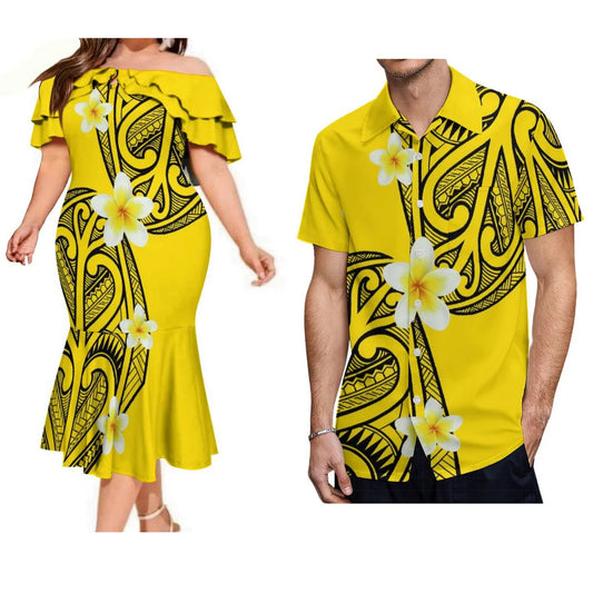 Polynesian Pair Outfit Island Polynesian Flowers Yellow Off Shoulder Mermaid Dress And Shirt Outfit Set