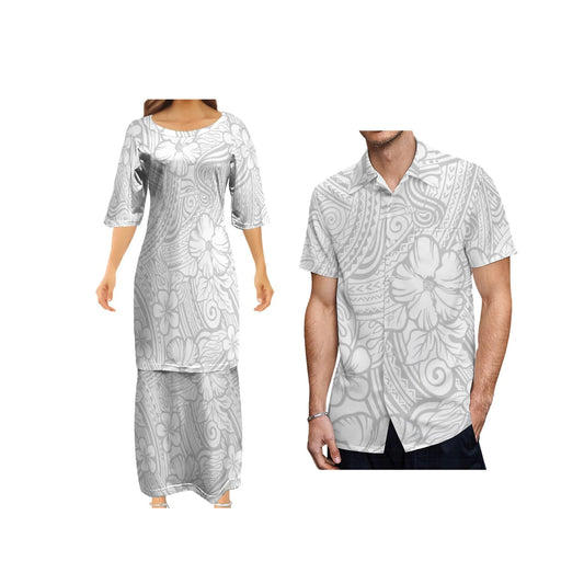 Hibiscus Flowers Polynesian Traditional White Puletasi Dress Two-Piece Polynesian Tribal Matching Pair Outfit Matching Hawaiian Men's Shirt