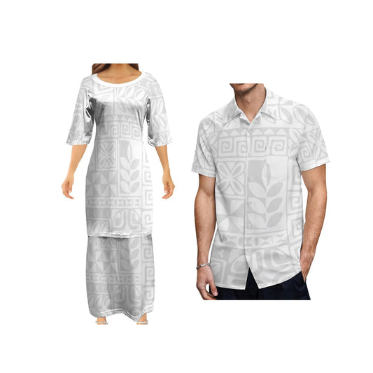Polynesian Pattern Traditional White Puletasi Dress Two-Piece Polynesian Tribal Matching Pair Outfit Matching Hawaiian Men's Shirt
