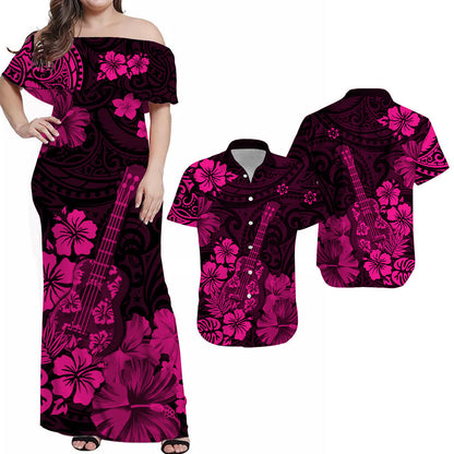 Hawaii Matching Clothes For Couples Hawaii Combo Dress and Hawaiian Shirt Polynesia Pink Ukulele Flowers