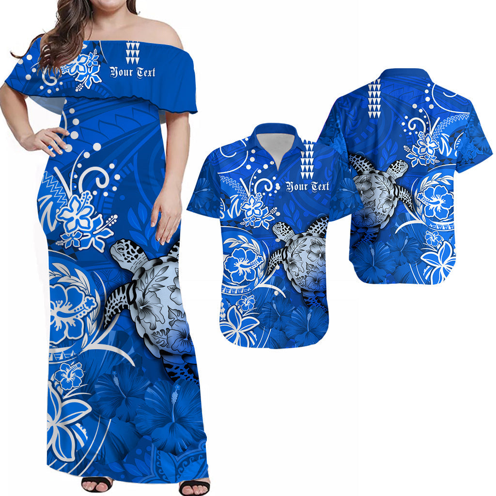 (Custom Personalised) Matching Hawaiian Outfits For Couples Combo Polynesia Blue Sea Turtle Honu and Hibiscus Dress and Hawaiian Shirt