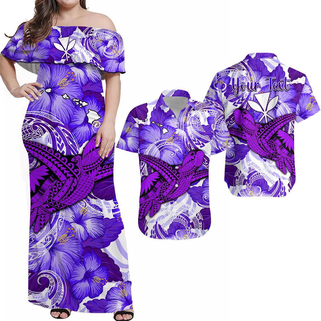 (Custom Personalised) Polynesian Couple Outfits Combo Purple Polynesian Tribal Turtle and Hibiscus Dress and Hawaiian Shirt