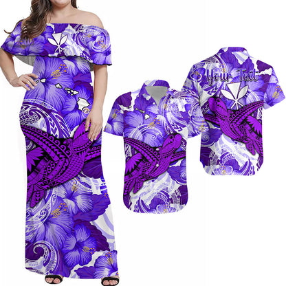 (Custom Personalised) Polynesian Couple Outfits Combo Purple Polynesian Tribal Turtle and Hibiscus Dress and Hawaiian Shirt