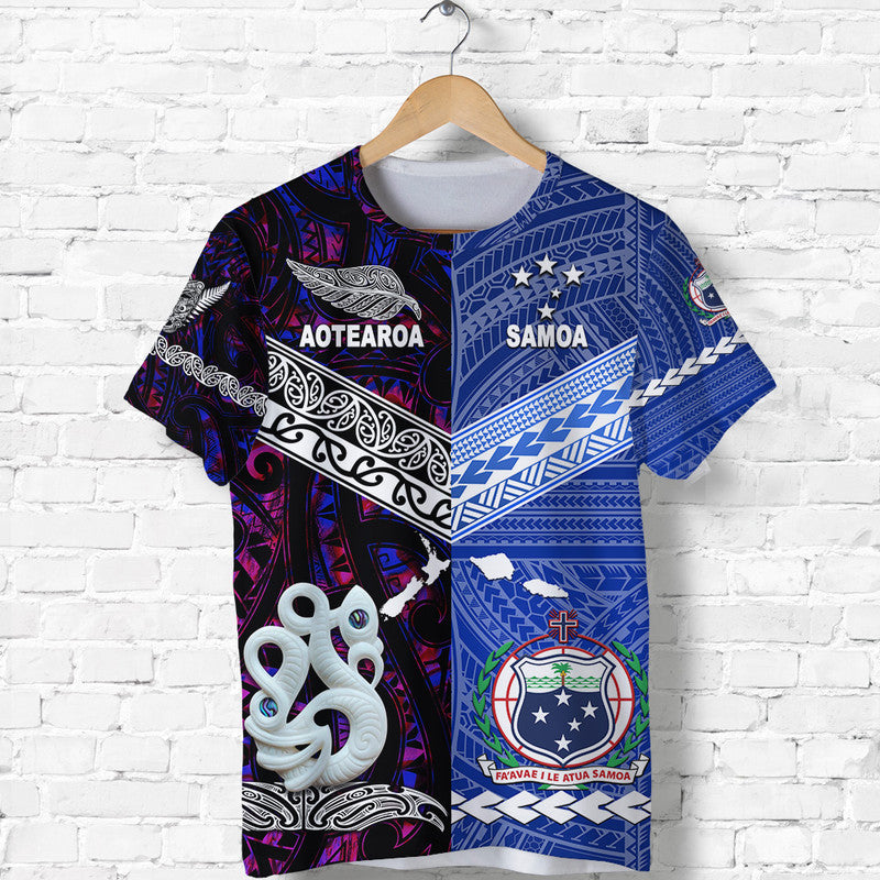 Custom Personalised Samoa And New Zealand T Shirt Together - Purple