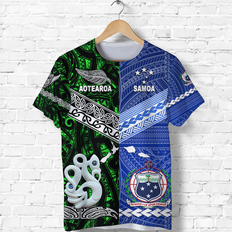 Custom Personalised Samoa And New Zealand T Shirt Together - Green