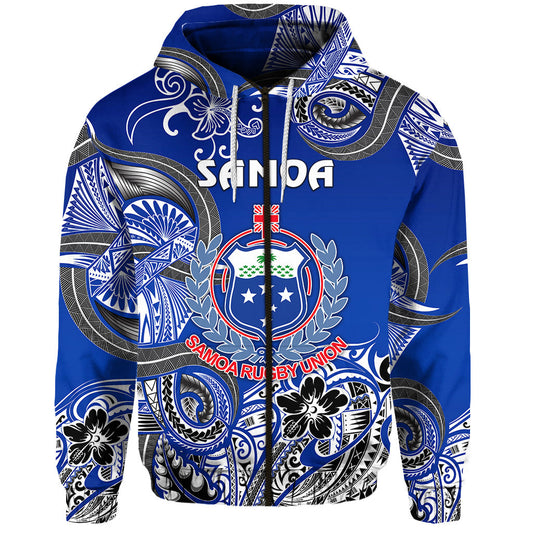 Samoa Manu Zip Hoodie Rugby Unique Style Blue White