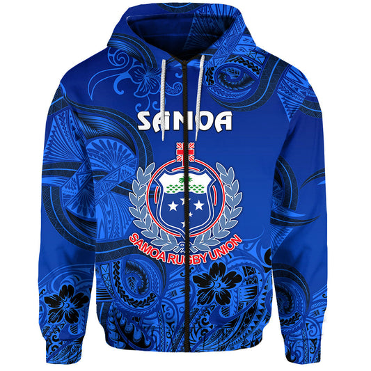 Samoa Manu Zip Hoodie Rugby Unique Style Full Blue