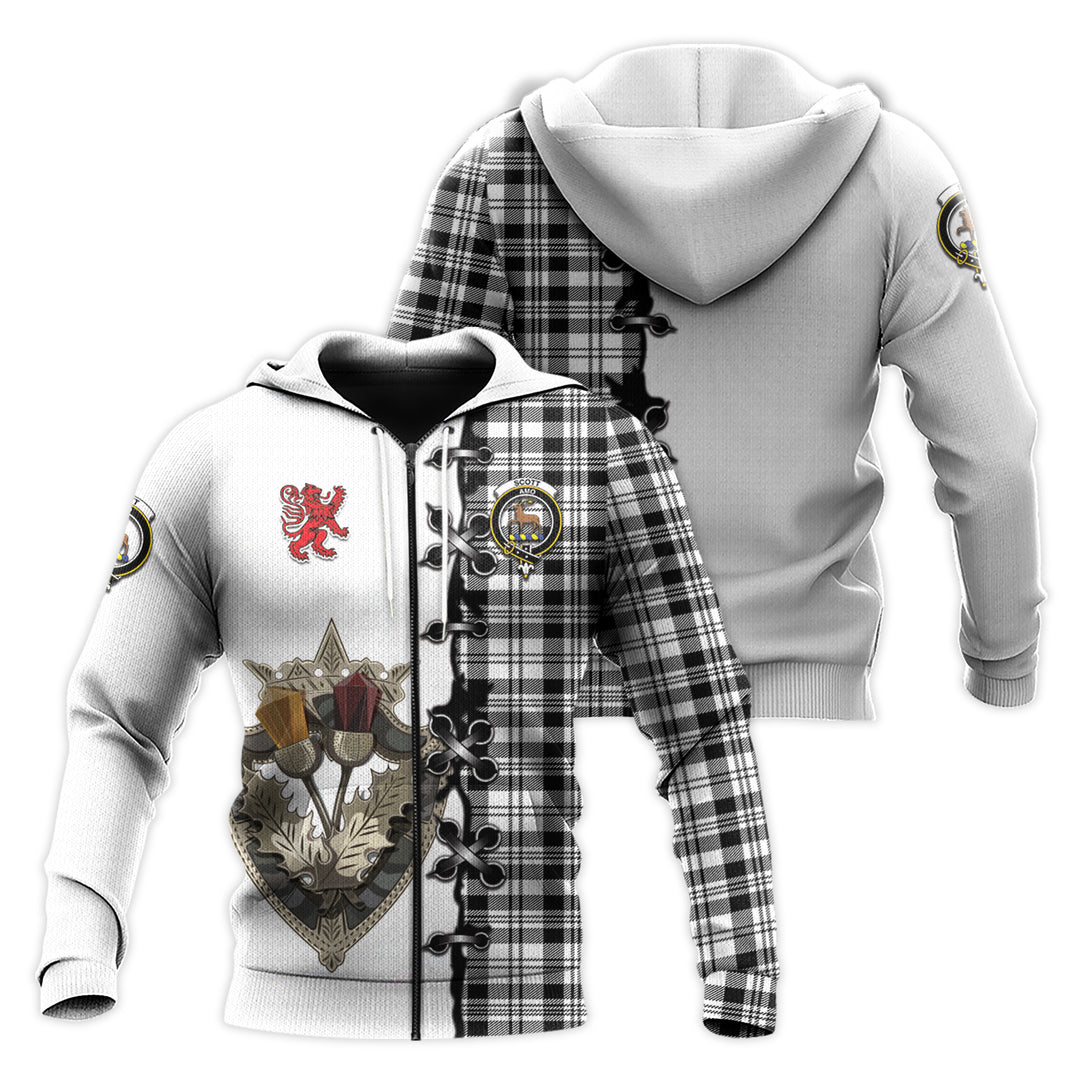 Printivon Scott Black White Tartan Hoodie Lion Rampant And Celtic Thistle Style