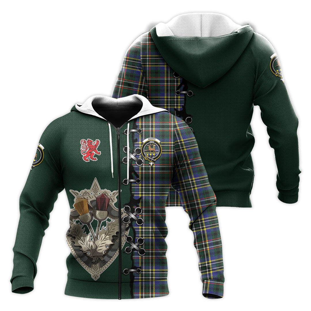 Printivon Scott Green Modern Tartan Hoodie Lion Rampant And Celtic Thistle Style