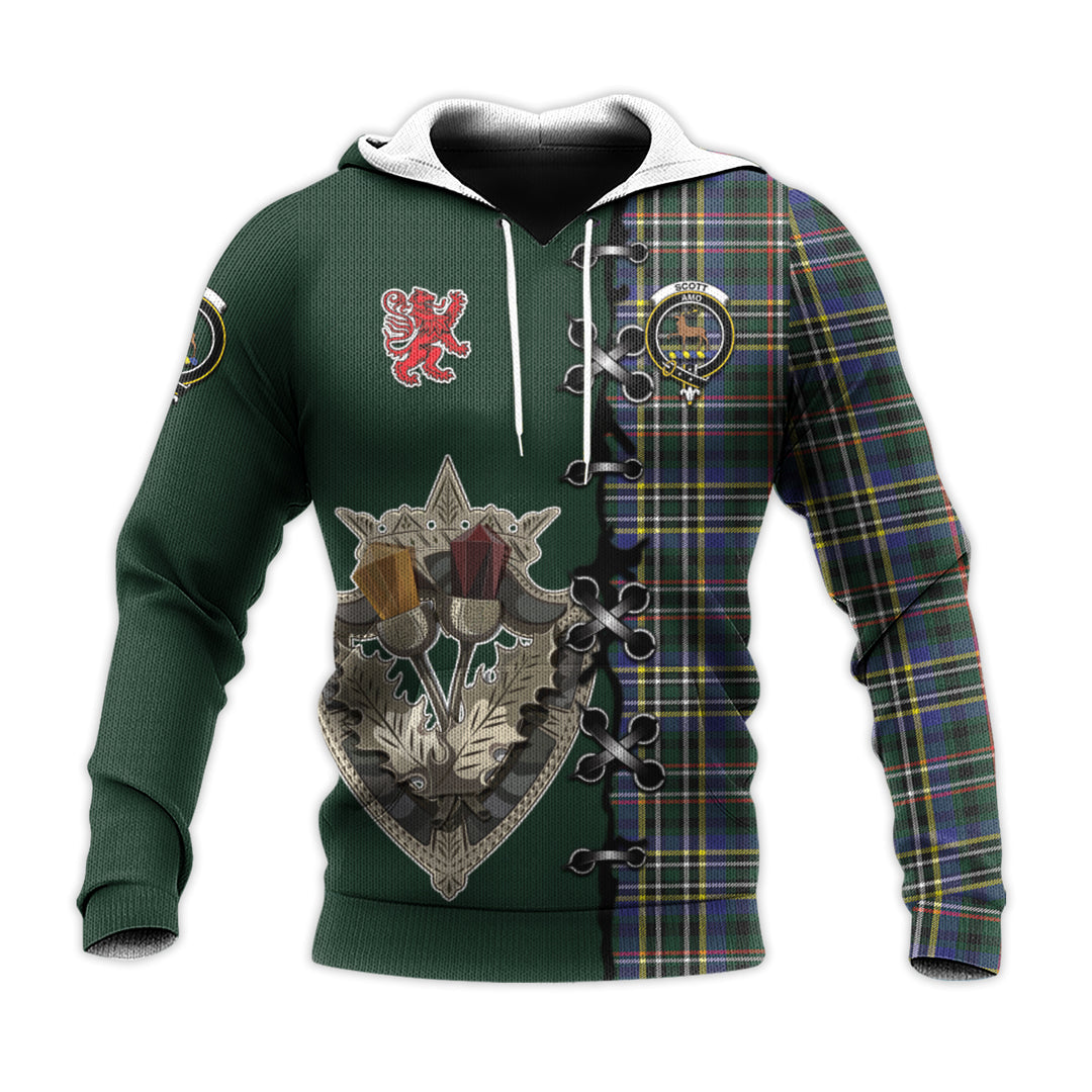 Printivon Scott Green Modern Tartan Hoodie Lion Rampant And Celtic Thistle Style