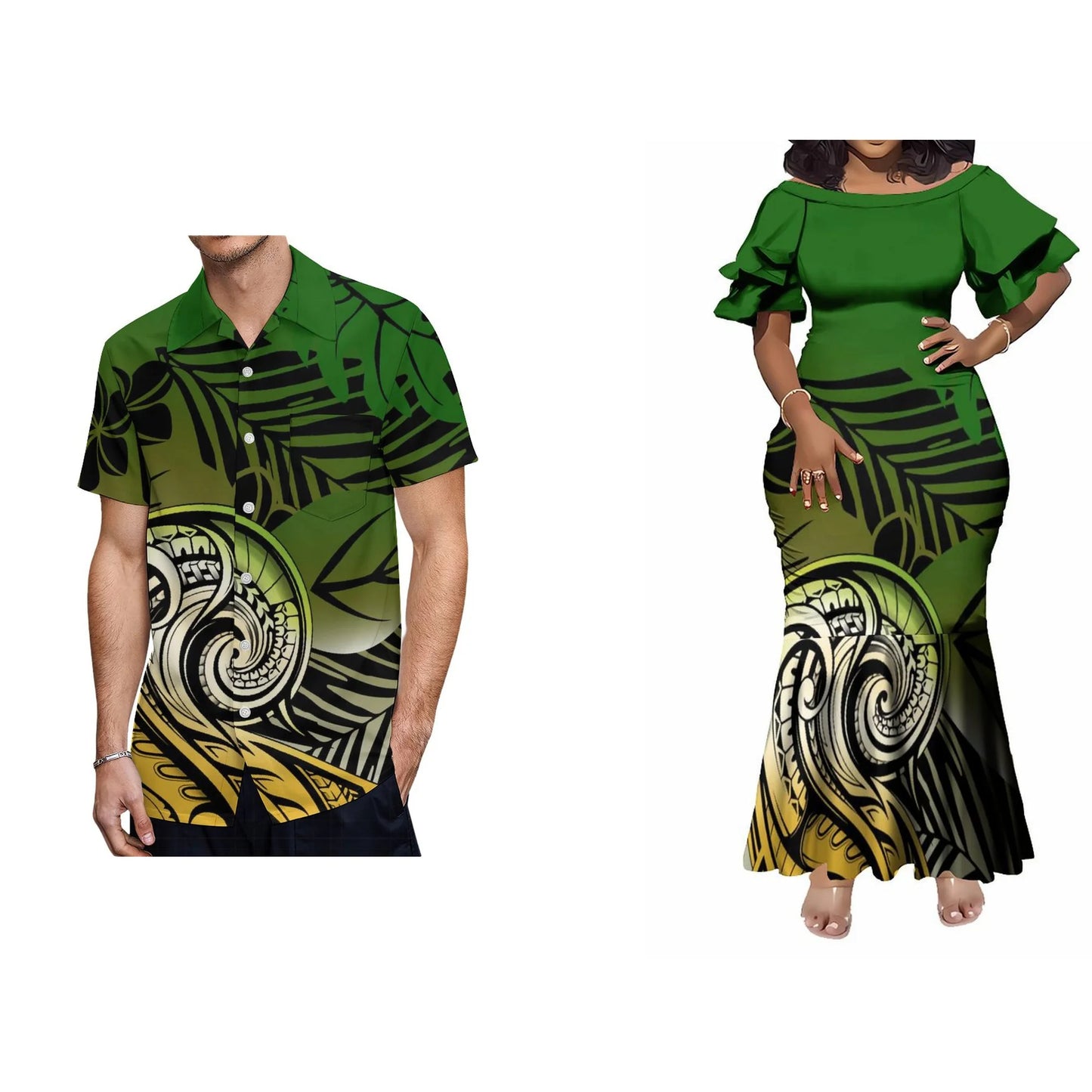 Pacific Island Fishtail Skirt Dress And Shirt Vintage Polynesian Tribal Matching Outfit For Couple