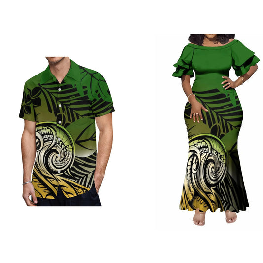 Pacific Island Fishtail Skirt Dress And Shirt Vintage Polynesian Tribal Matching Outfit For Couple