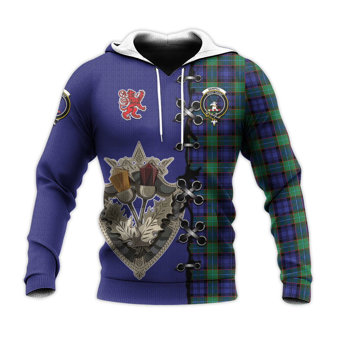 Printivon Sempill Modern Tartan Hoodie Lion Rampant And Celtic Thistle Style