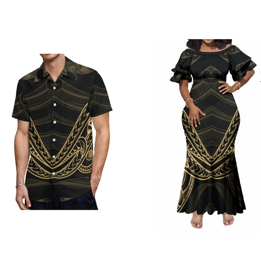 Polynesian Tribal Pattern Black Matching Outfit Women's Short-Sleeved Mermaid Dress Hawaiian Shirt Couple Set For Him Her