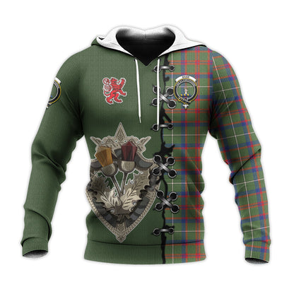 Printivon Shaw Green Modern Tartan Hoodie Lion Rampant And Celtic Thistle Style