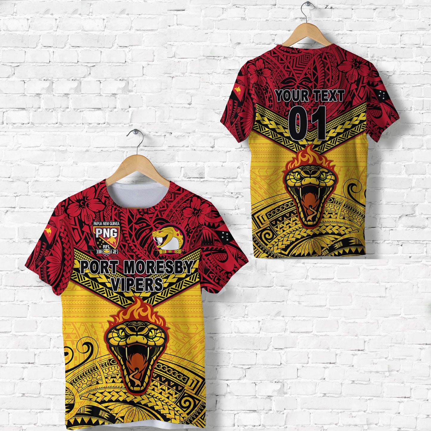 Custom Personalised Papua New Guinea Port Moresby Vipers T Shirt Rugby Original Style - Red, Custom Text And Number