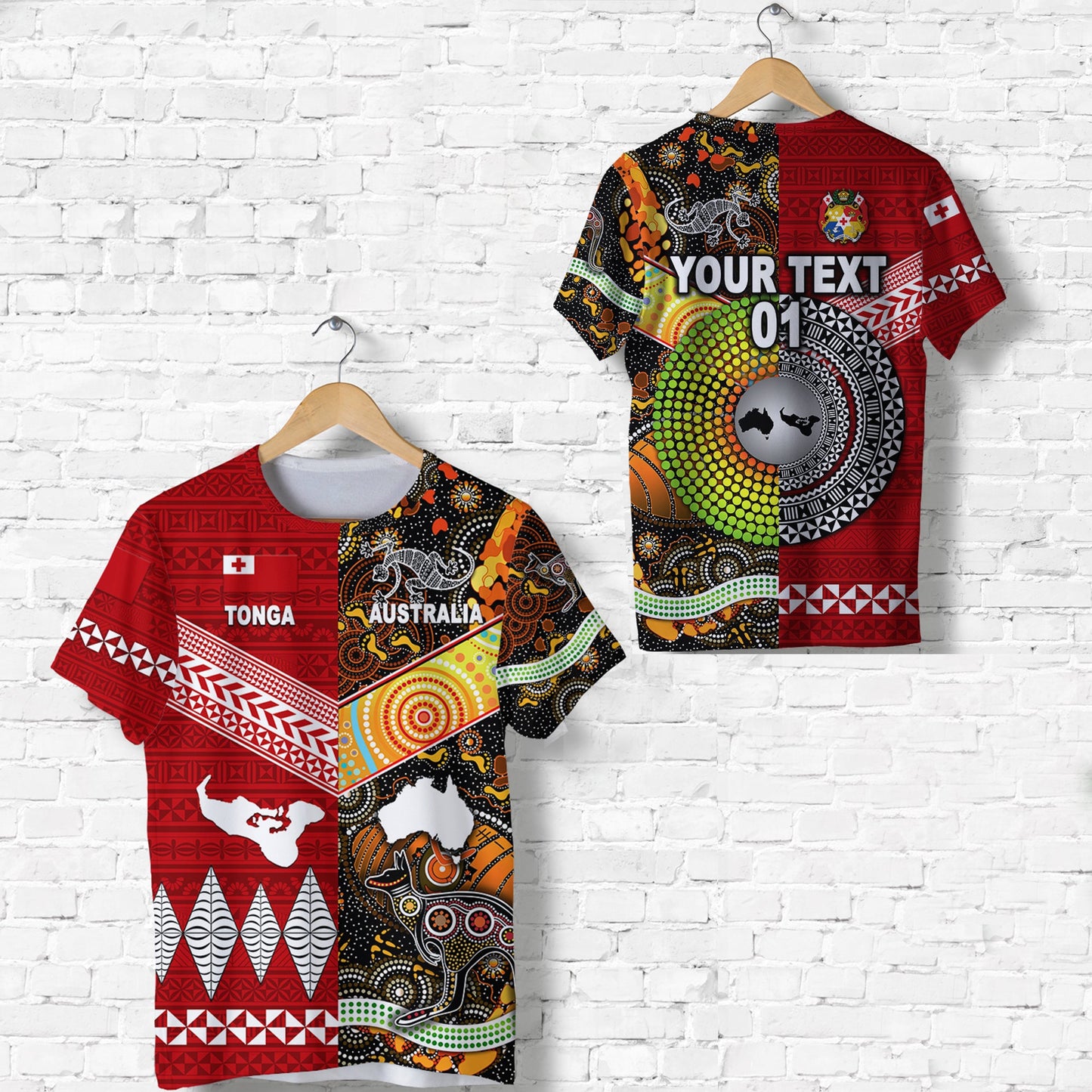 Custom Personalised Tonga Ngatu And Australia Aboriginal T Shirt Together, Custom Text And Number