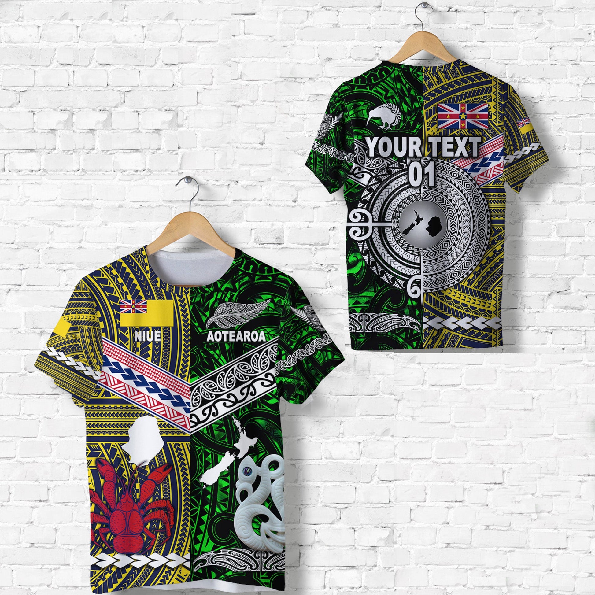 Custom Personalised New Zealand Maori Aotearoa And Niue Together T Shirt - Green, Custom Text And Number
