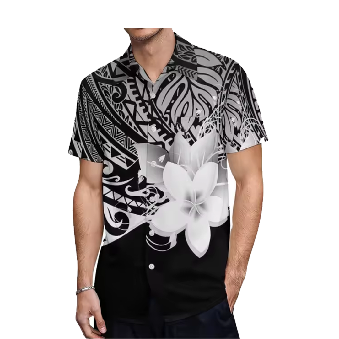 Polynesian Printed Flower Pattern Couple Outfit Polynesian Black Women's Puletasi Dress Men's Shirt Polynesian Matching Outfit