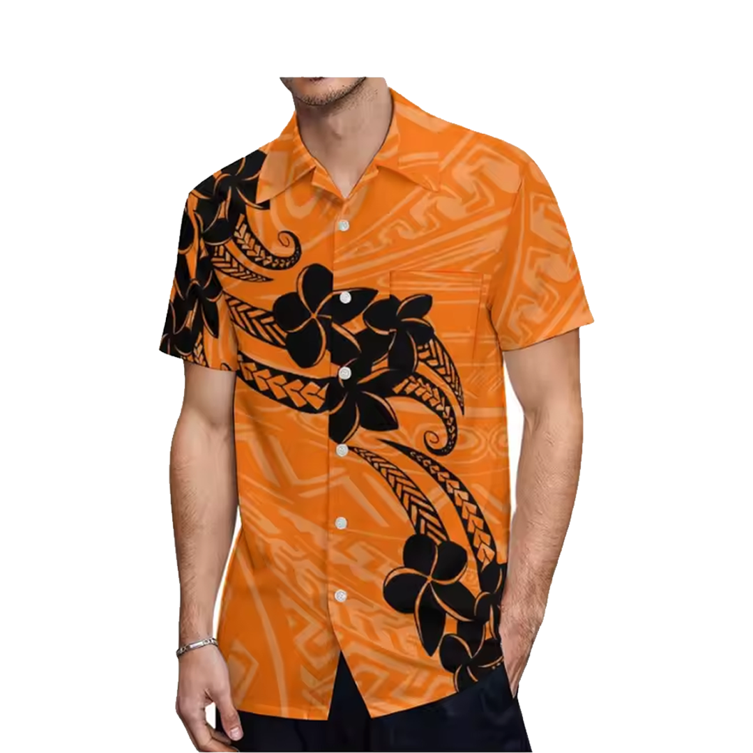 Plumeria Pattern Orange Pattern Women's Puletasi Dress Men's Shirt Polynesian Matching Outfit