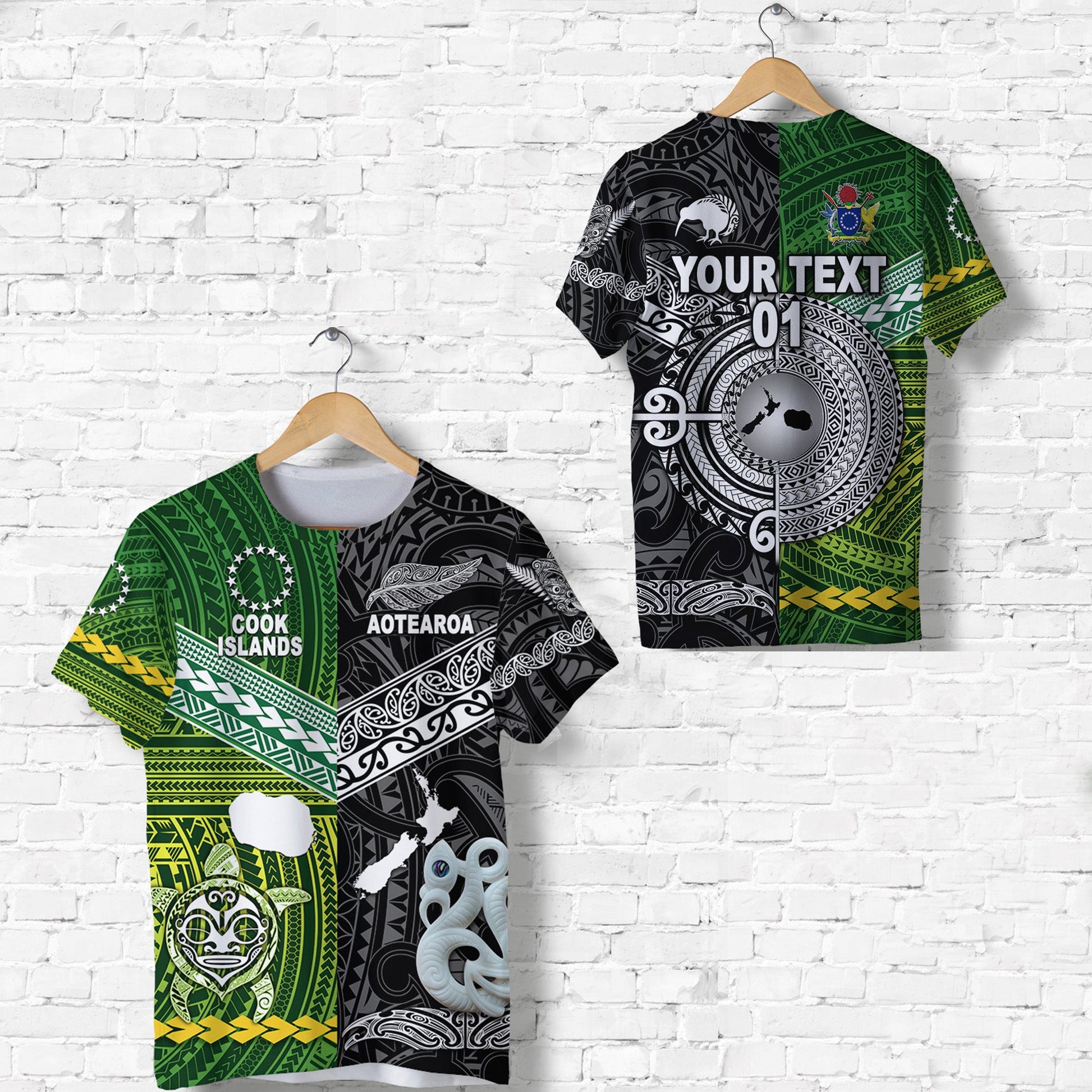 Custom Personalised New Zealand Maori Aotearoa T Shirt Cook Islands Together - Black, Custom Text And Number