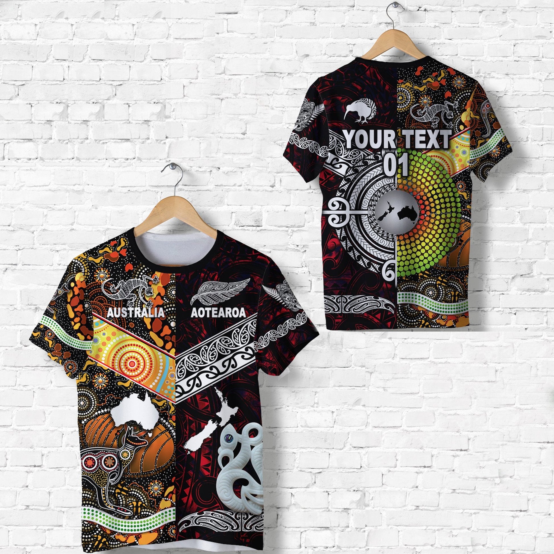 Custom Personalised New Zealand Maori Aotearoa And Australia Aboriginal T Shirt Together - Red, Custom Text And Number