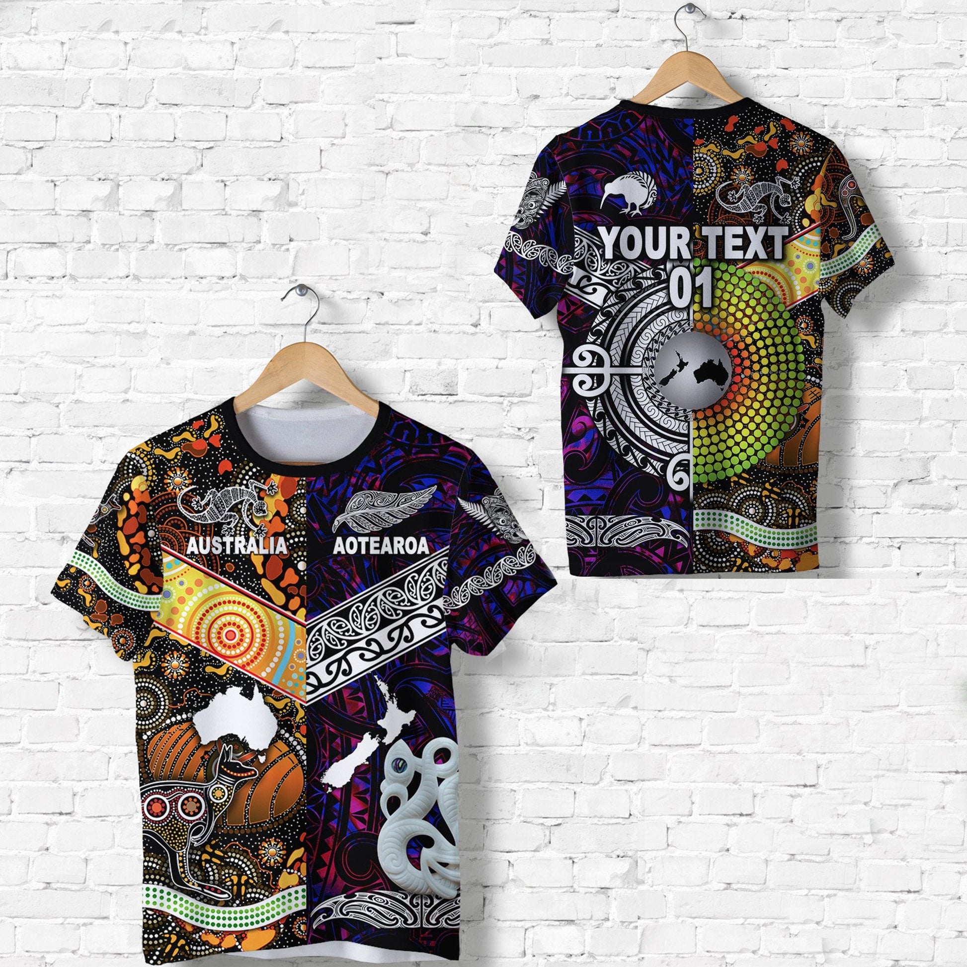 Custom Personalised New Zealand Maori Aotearoa And Australia Aboriginal T Shirt Together - Purple, Custom Text And Number