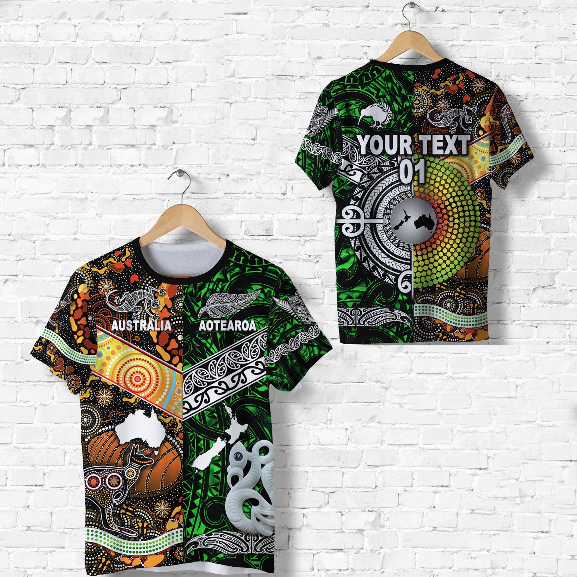 Custom Personalised New Zealand Maori Aotearoa And Australia Aboriginal T Shirt Together - Green, Custom Text And Number