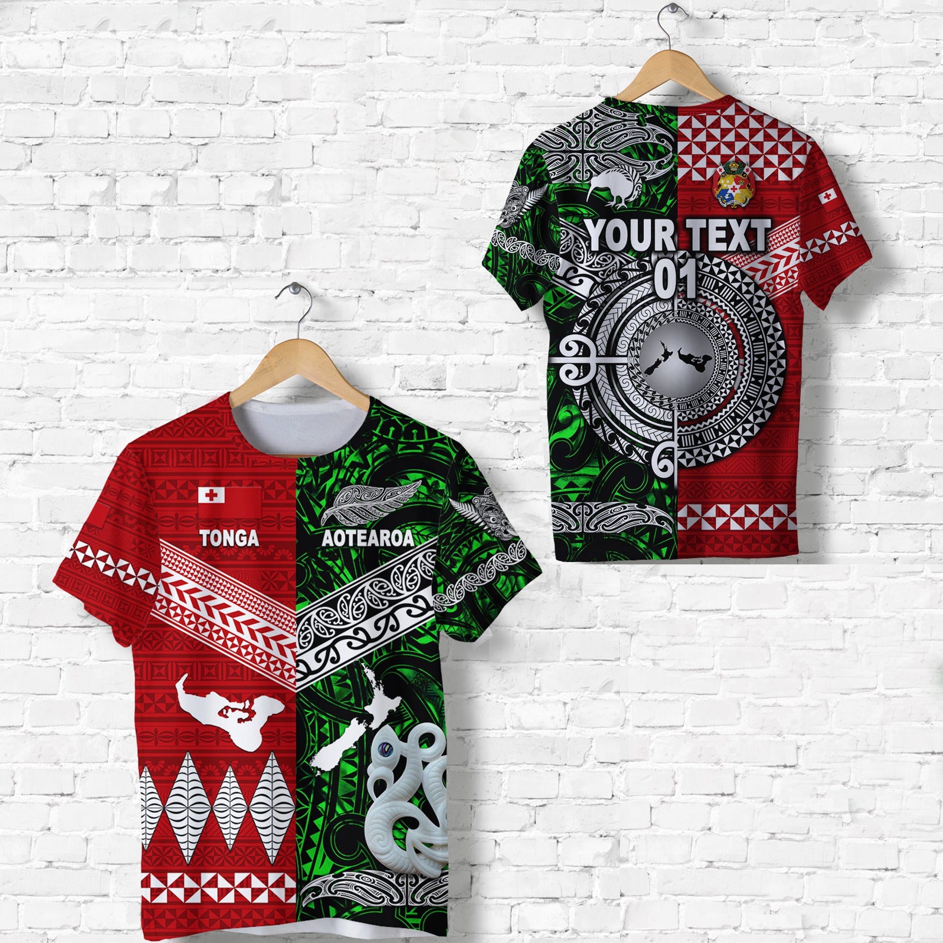 Custom Personalised New Zealand Maori Aotearoa Tonga Polynesian Together T Shirt - Green, Custom Text And Number