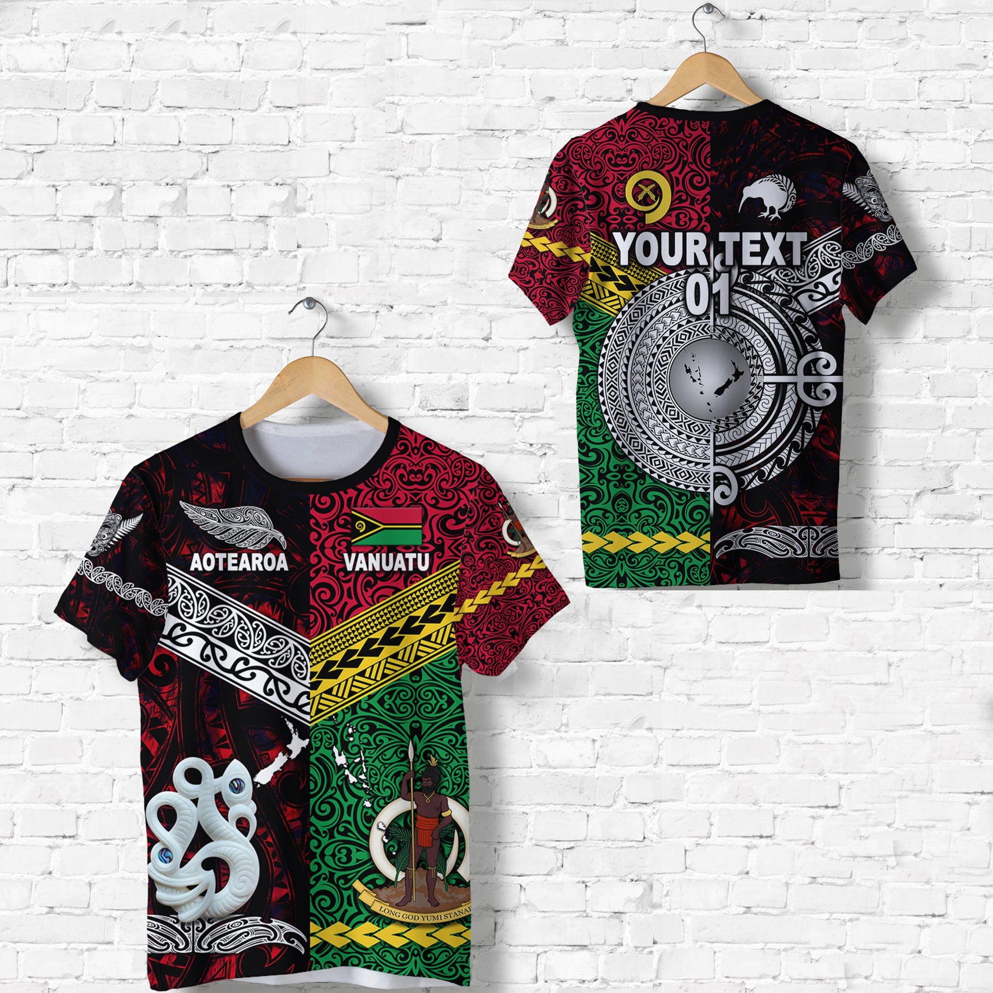 Custom Personalised Vanuatu And New Zealand T Shirt Together - Red, Custom Text And Number