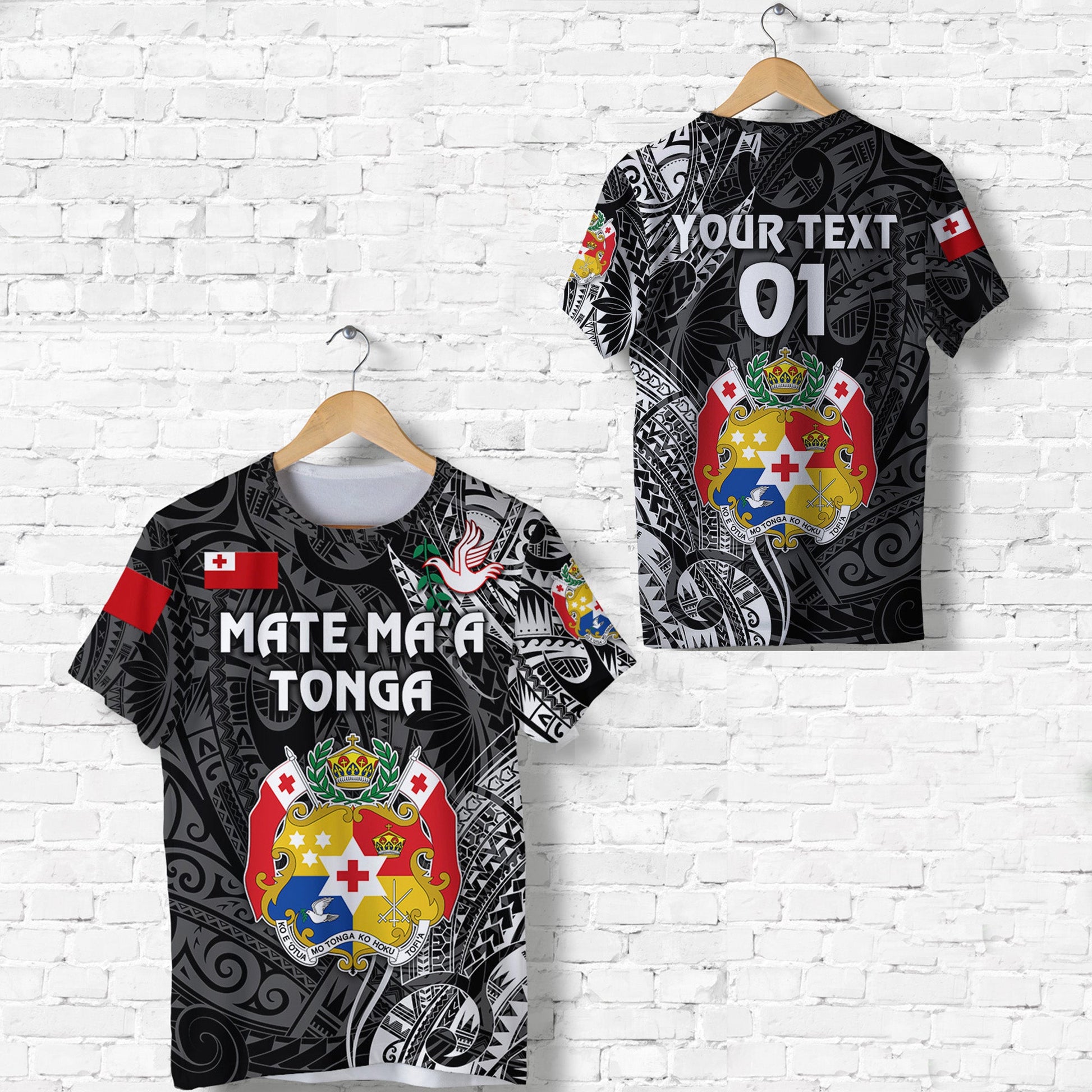 Custom Personalised Tonga Coat Of Arms T Shirt Simple Vibes - Black, Custom Text And Number