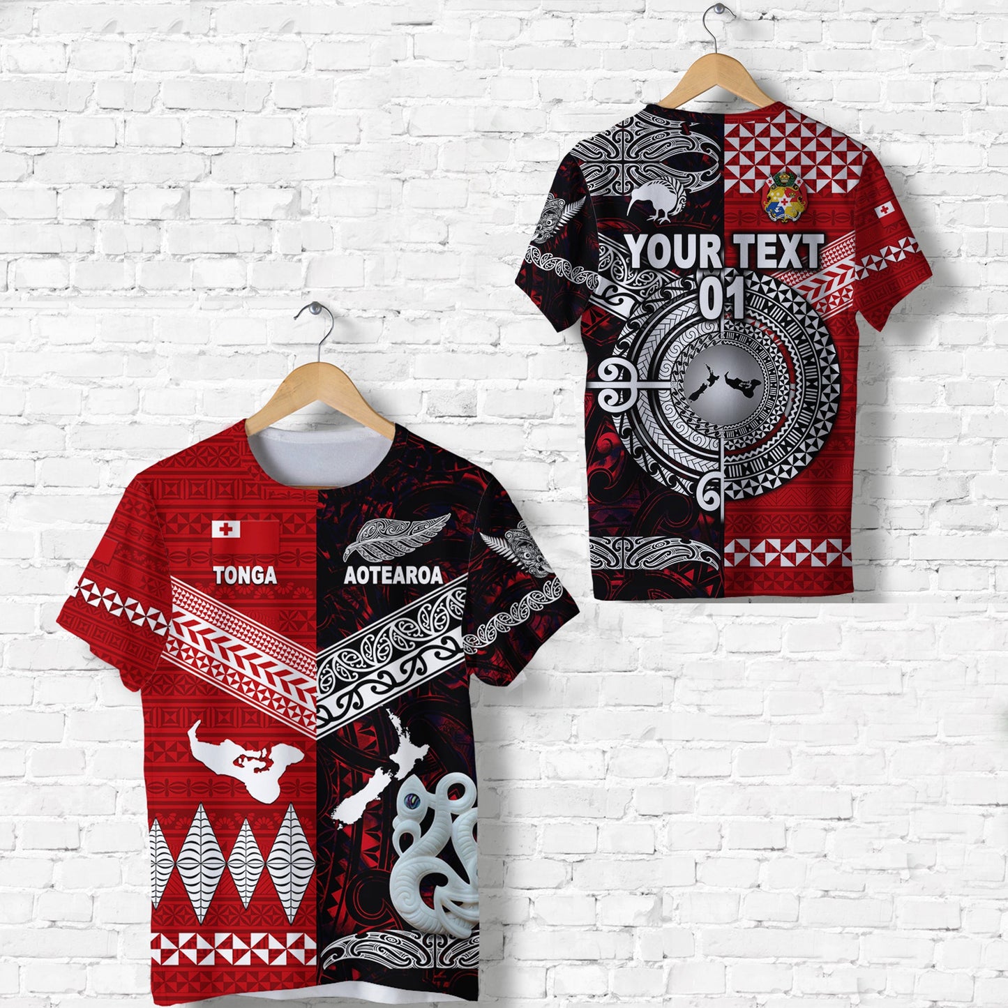 Custom Personalised New Zealand Maori Aotearoa Tonga Polynesian Together T Shirt - Red, Custom Text And Number