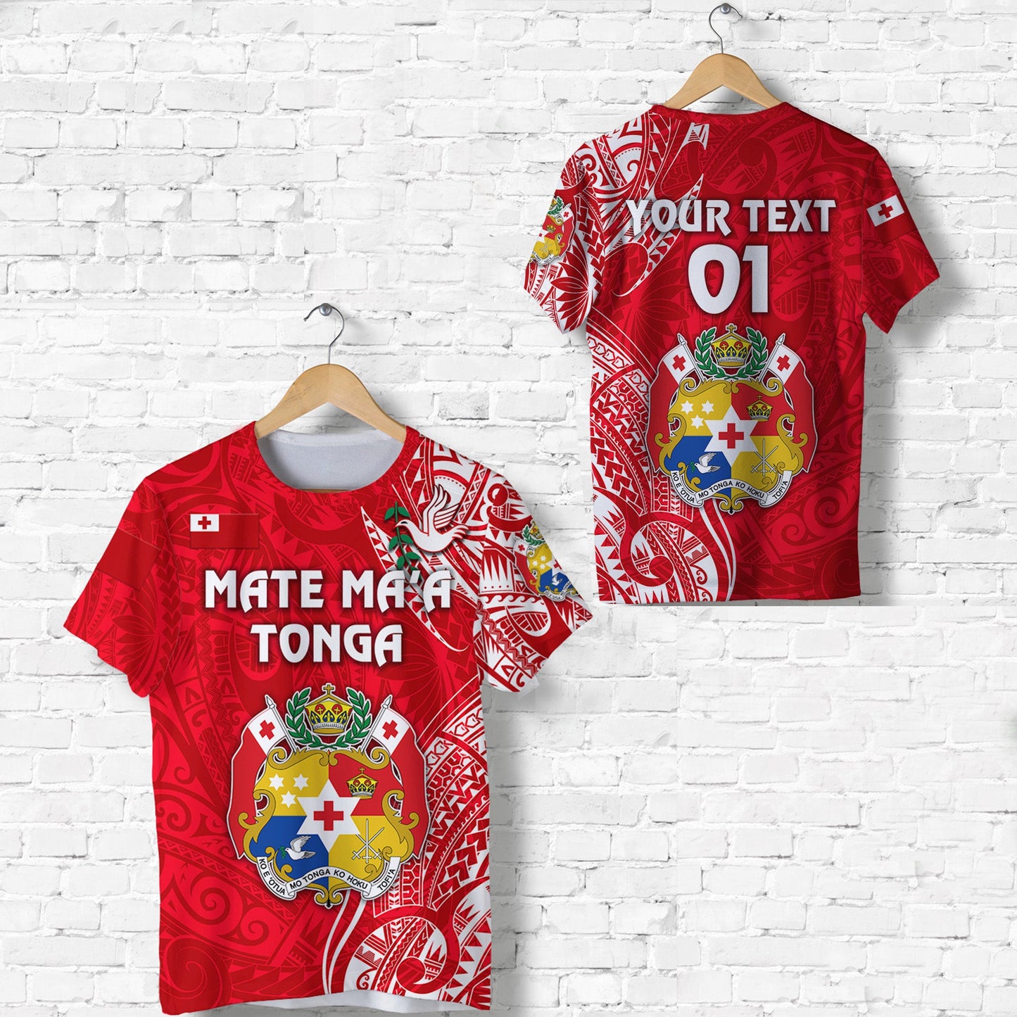Custom Personalised Tonga Coat Of Arms T Shirt Simple Vibes - Bright Red, Custom Text And Number