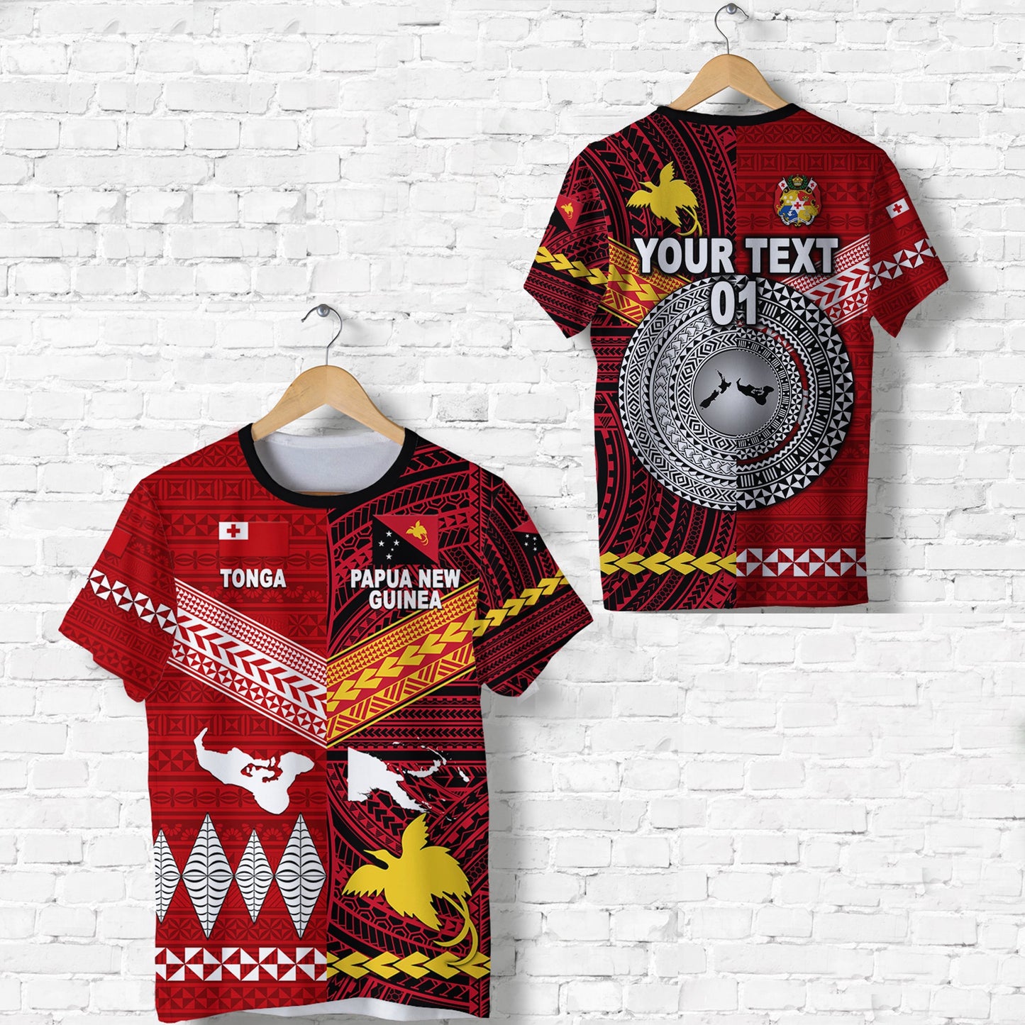 Custom Personalised Papua New Guinea And Tonga T Shirt Polynesian Together - Bright Red, Custom Text And Number