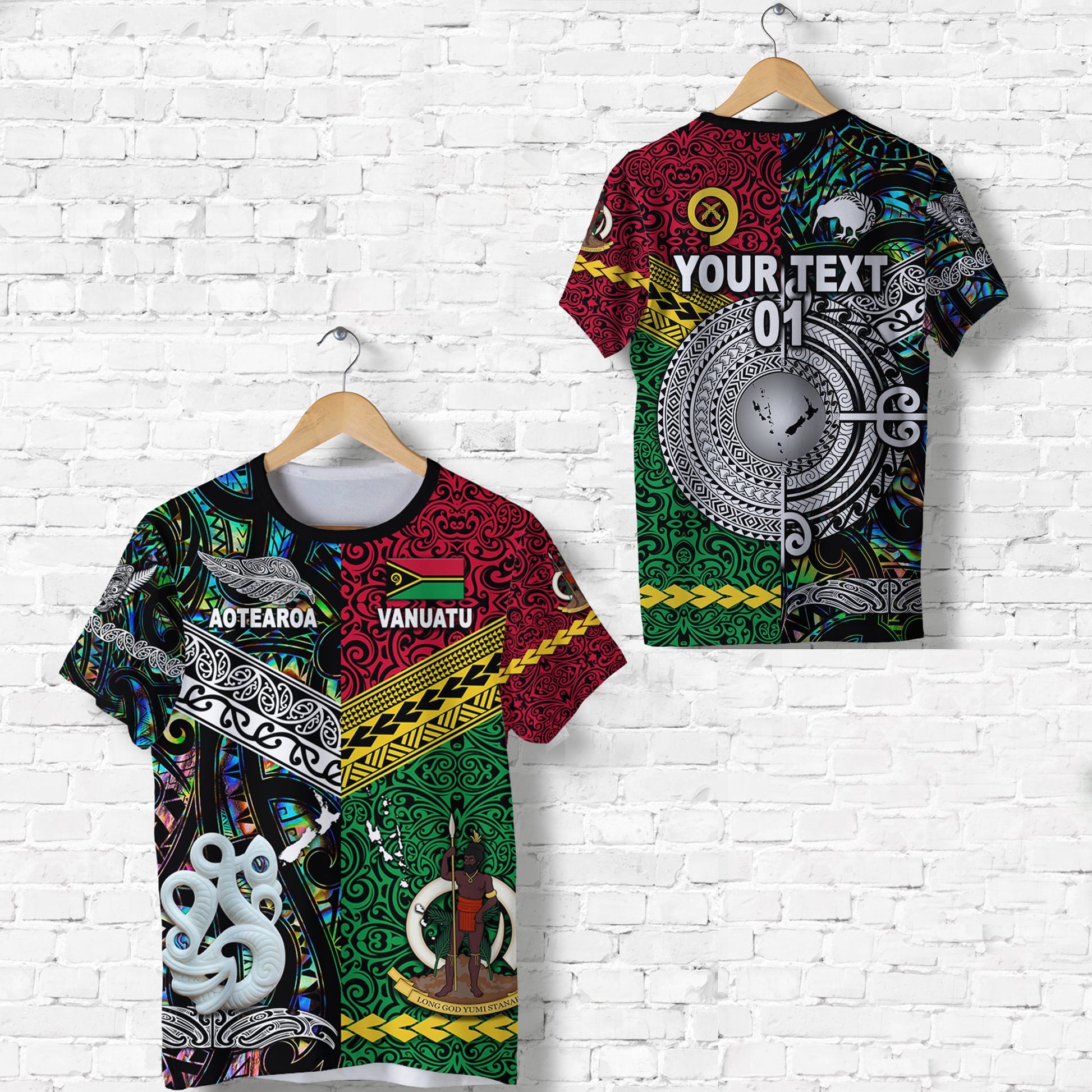 Custom Personalised Vanuatu And New Zealand T Shirt Together - Paua Shell, Custom Text And Number