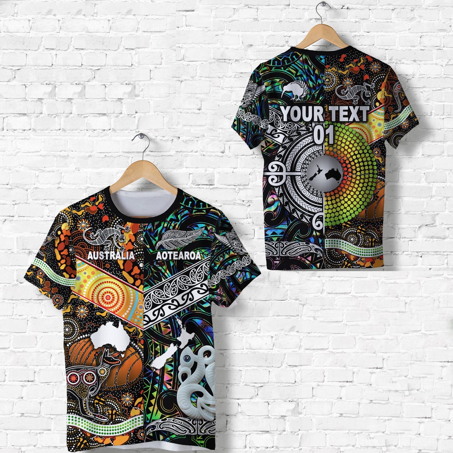 Custom Personalised New Zealand Maori Aotearoa And Australia Aboriginal T Shirt Together - Paua Shell, Custom Text And Number