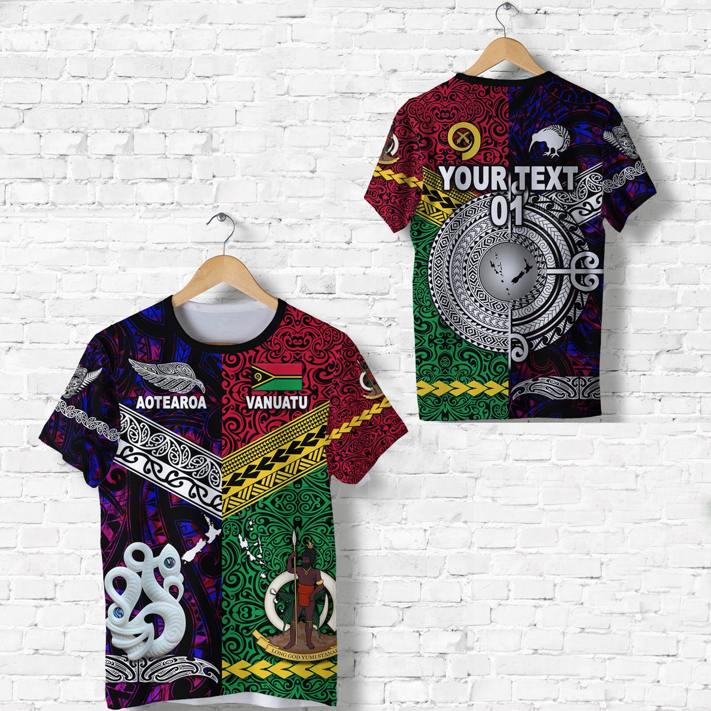 Custom Personalised Vanuatu And New Zealand T Shirt Together - Purple, Custom Text And Number
