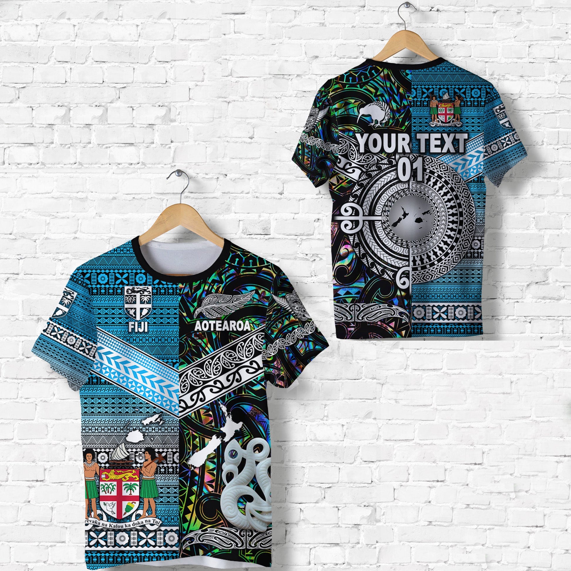 Custom Personalised New Zealand Maori Aotearoa Fiji Tapa Together T Shirt - Green, Custom Text And Number