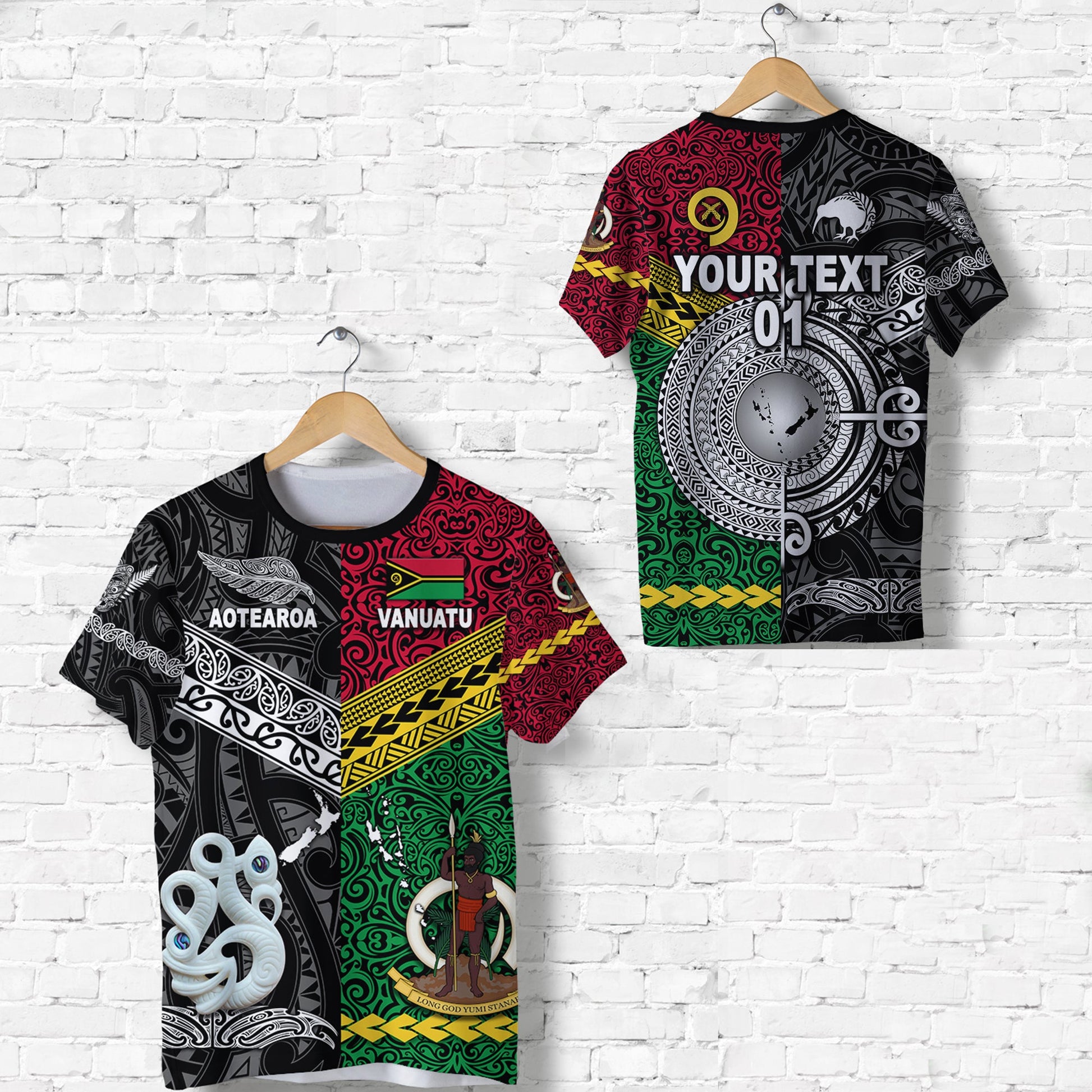 Custom Personalised Vanuatu And New Zealand T Shirt Together - Black, Custom Text And Number