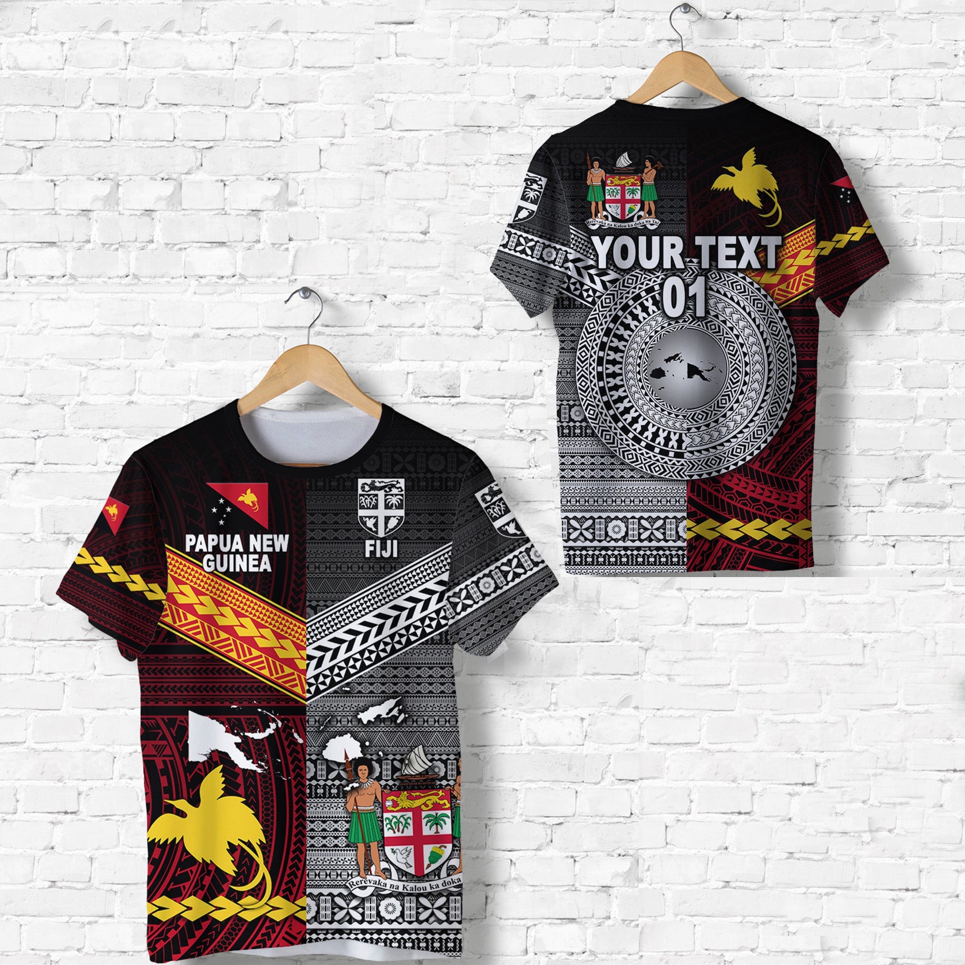 Custom Personalised Papua New Guinea Polynesian And Fiji Tapa Together T Shirt - Black, Custom Text And Number