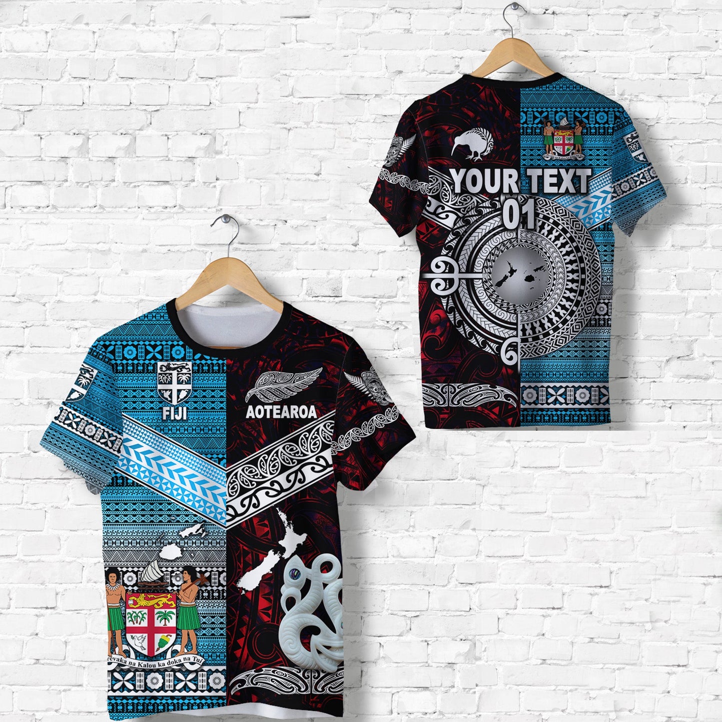 Custom Personalised New Zealand Maori Aotearoa Fiji Tapa Together T Shirt - Red, Custom Text And Number