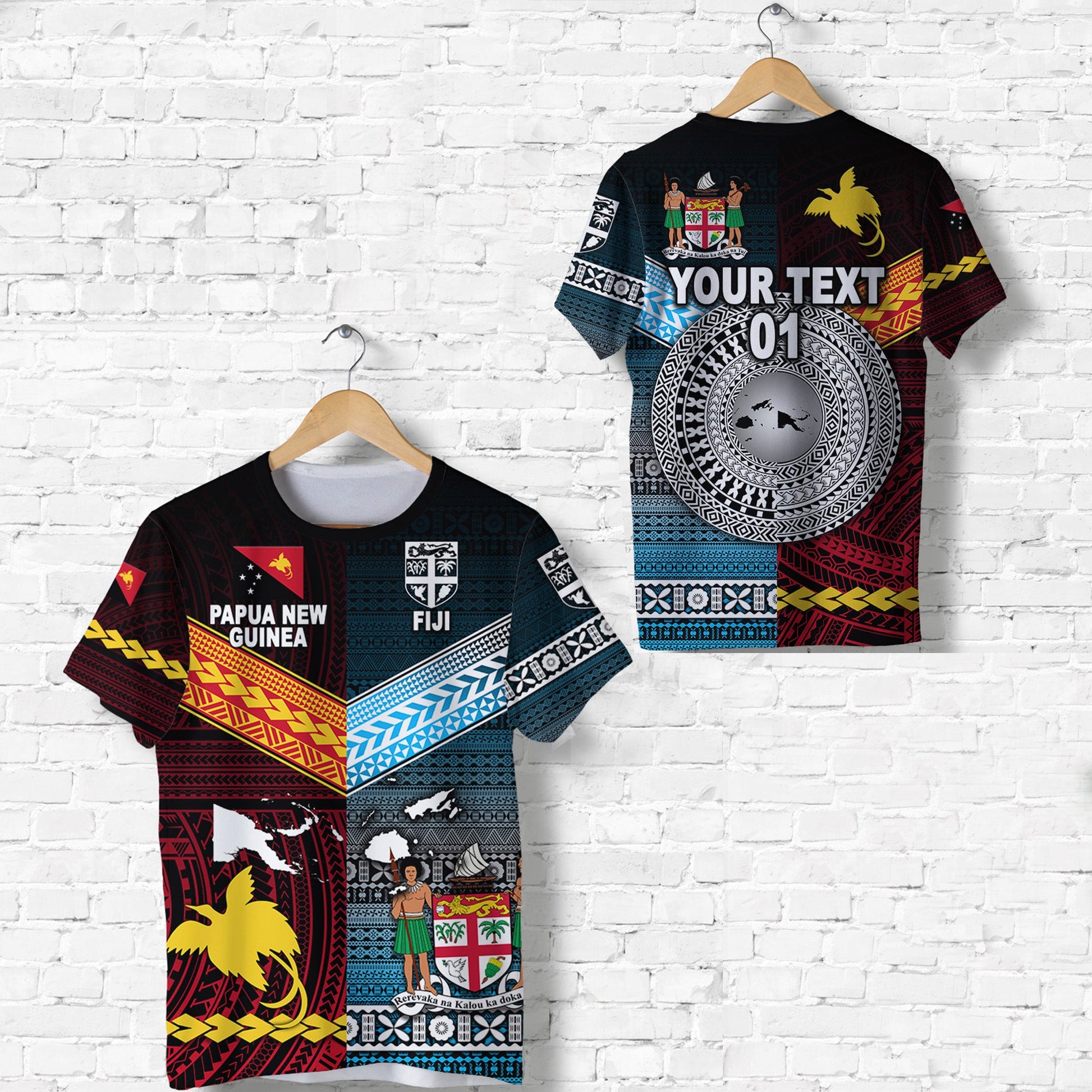 Custom Personalised Papua New Guinea Polynesian And Fiji Tapa Together T Shirt - Blue, Custom Text And Number