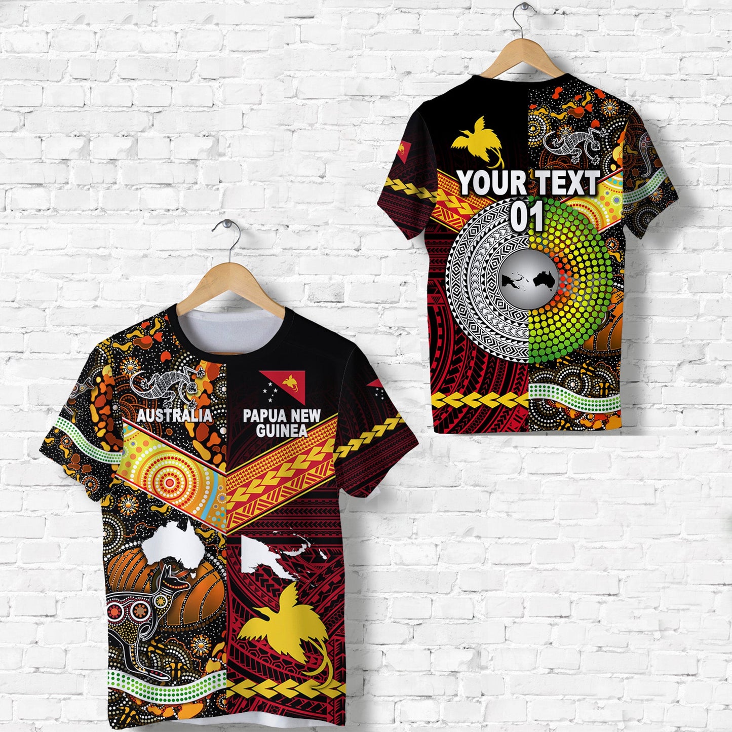 Custom Personalised Papua New Guinea And Australia Aboriginal T Shirt Together, Custom Text And Number