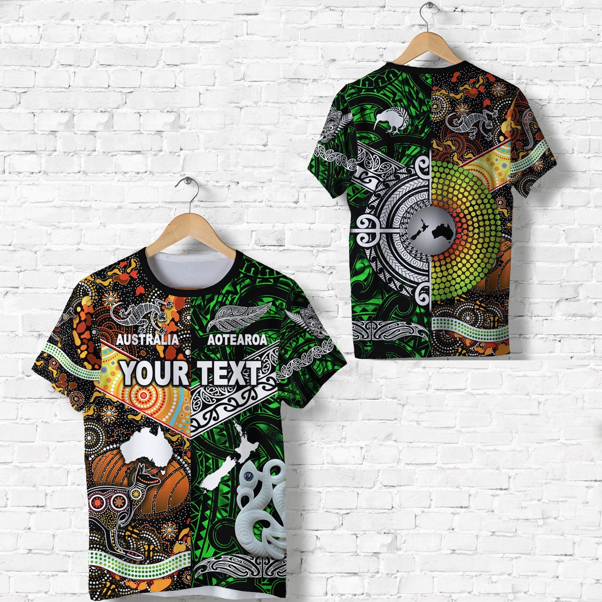 Custom Personalised New Zealand Maori Aotearoa And Australia Aboriginal T Shirt Together - Green