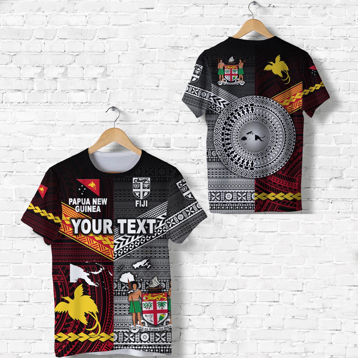 Custom Personalised Papua New Guinea Polynesian And Fiji Tapa Together T Shirt - Black
