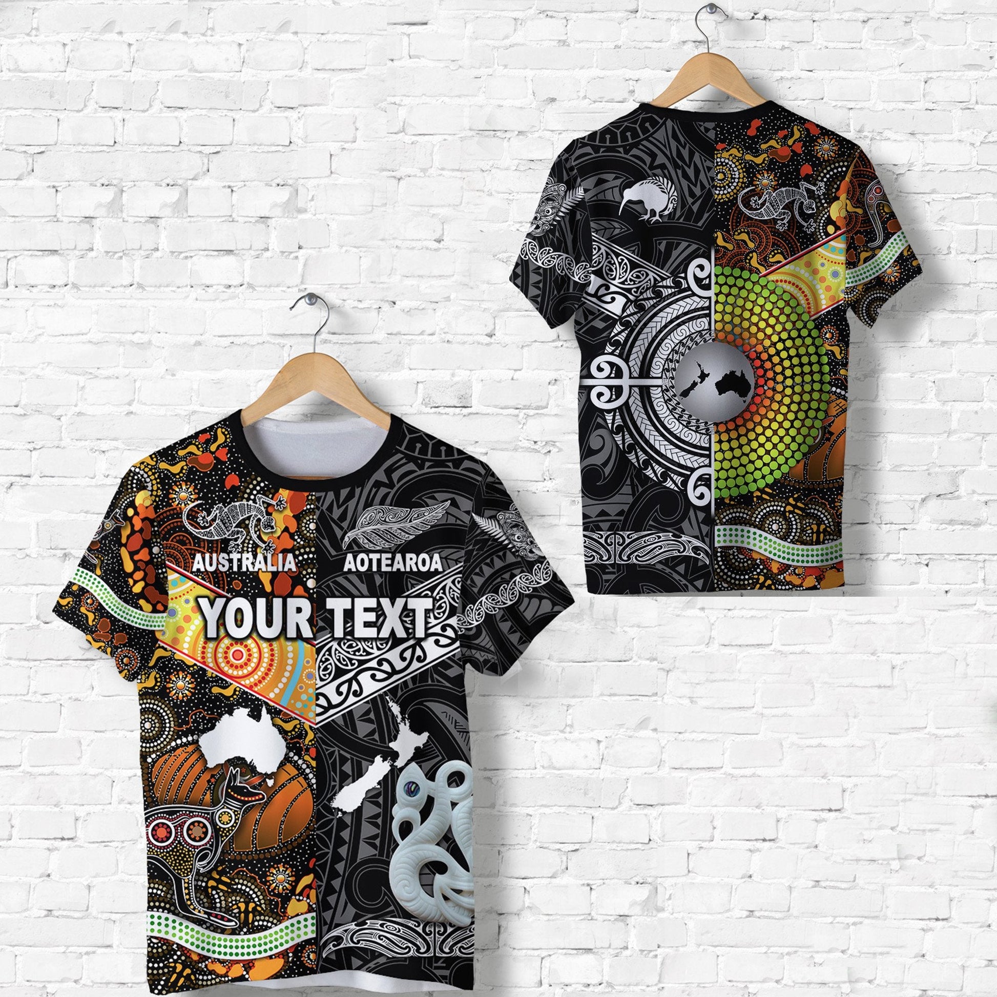 Custom Personalised New Zealand Maori Aotearoa And Australia Aboriginal T Shirt Together - Black